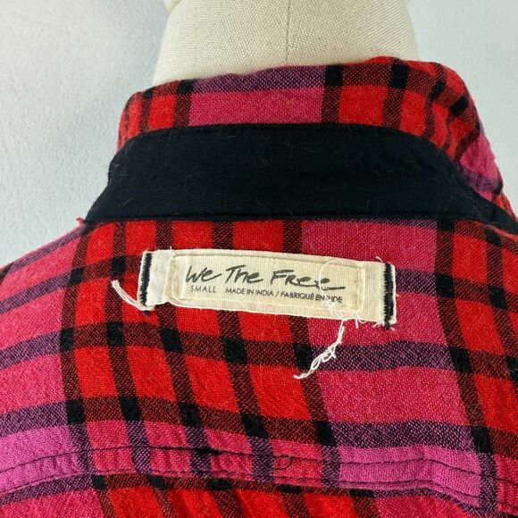 We the Free Free People | Pacific Dawn Red Pink Plaid Distressed Shirt | Sz S - Picture 9 of 12
